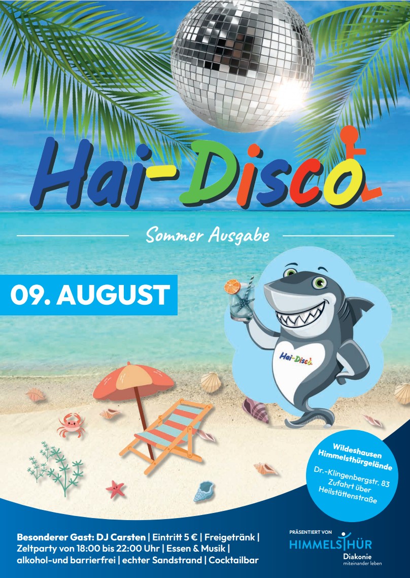 Bild vom Plakat der HaiDisco am 9. August 2024 von 18 - 22 Uhr in Wildeshausen